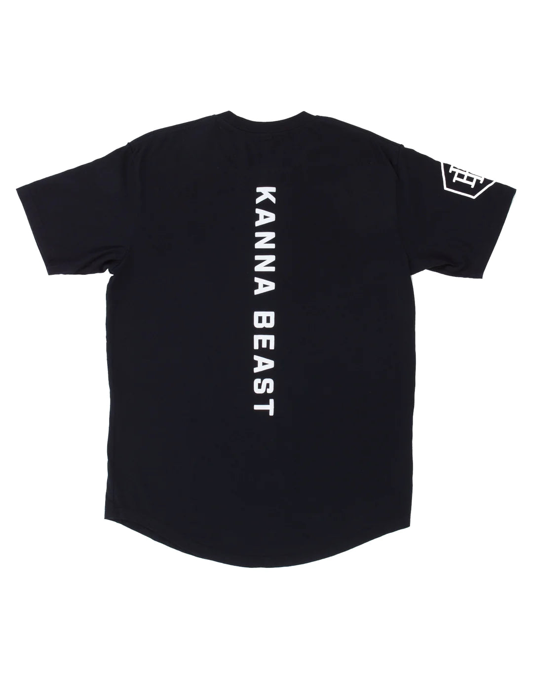 Back of the black Kanna Beast Tee with Kanna Beast running vertically down the back and KB moniker on the right shoulder, both in white.