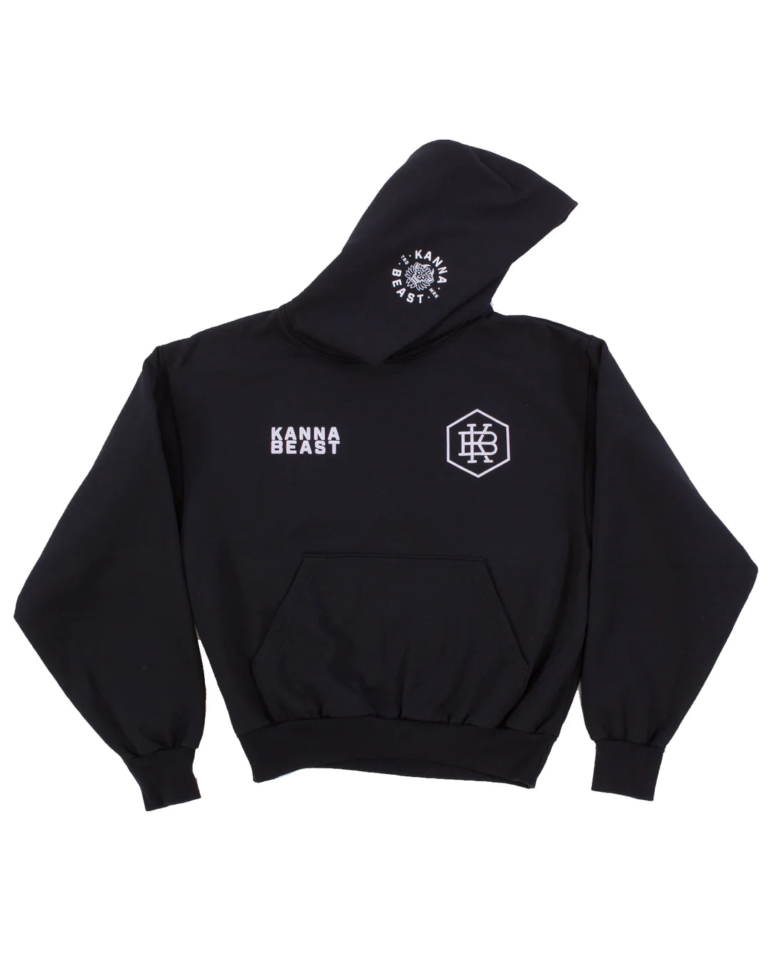 Kanna Beast Hoodie flat against a white background. This black hoodie has white logo puff print detailing. 