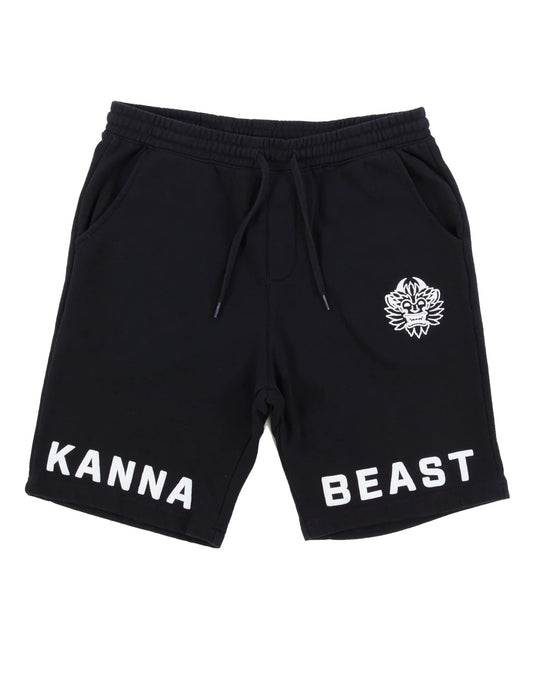 Flat lay image of black Kanna Beast Men's Shorts with white puff print writing out Kanna Beast and our beastly logo face.  