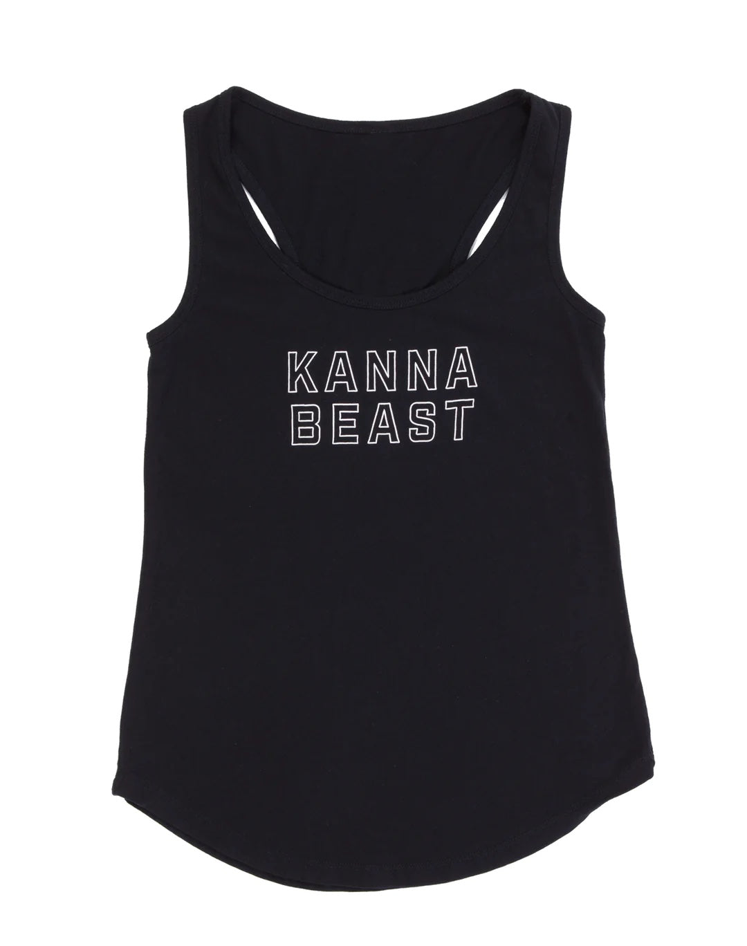 Kanna Beast Tank Top in black with text outline of our brand name. 