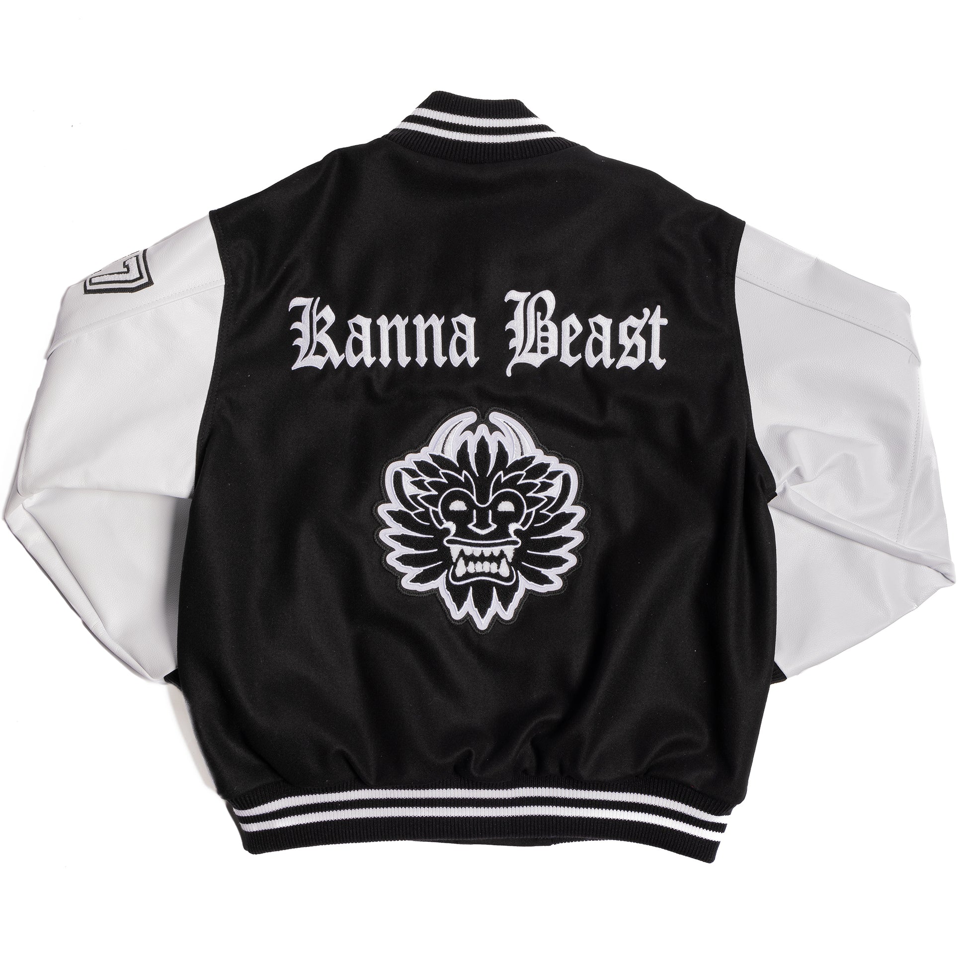 Flat lay image of the Kanna Beast Letterman Jacket showing the back of the jacket with Kanna Beast written in Old English font and a large chenille patch of our logo face. 